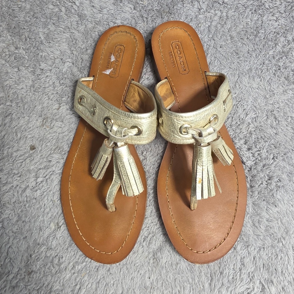 Coach Thong Sandals Gold‎ Metallic Leather Tassels Flip Flops Detail Womens 7 B